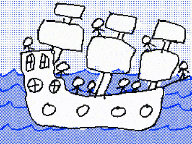 a black and white drawing of a ship in the ocean with a blue background