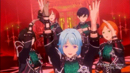 a group of anime characters are dancing together on a stage .