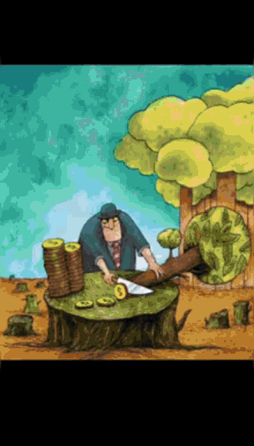 a cartoon of a man cutting up a tree stump with a knife
