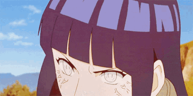 a close up of a girl with purple hair