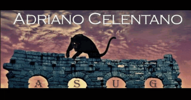 a poster for adriano celentano shows a panther on a brick wall