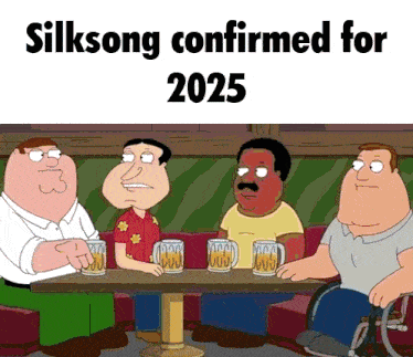 a group of cartoon characters sitting around a table with the words silksong confirmed for 2025 on the bottom