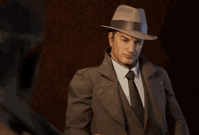 a man in a suit and hat is talking to another man with bout fucking time written below him