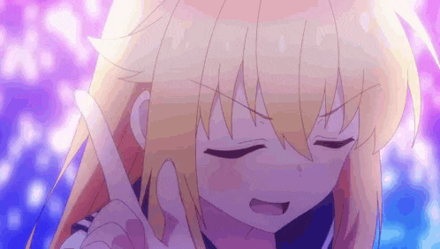 a close up of a blonde anime girl making a peace sign with her eyes closed .