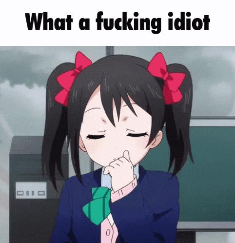 a picture of a girl with pigtails and the words " what a fucking idiot " on the bottom