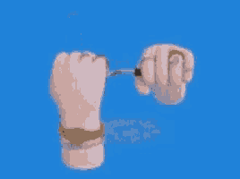 a hand is giving the middle finger while another hand is holding something