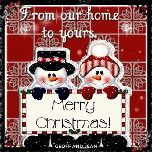 two snowmen holding a sign that says merry christmas on it