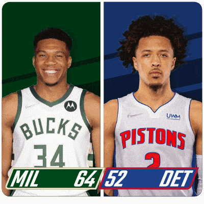 two basketball players from the bucks and pistons are shown