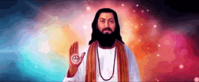 a man with a beard and a necklace holds up his hand with a symbol on it