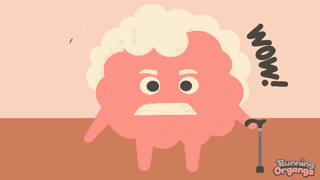 a cartoon illustration of a brain with a cane and the words running organs below it