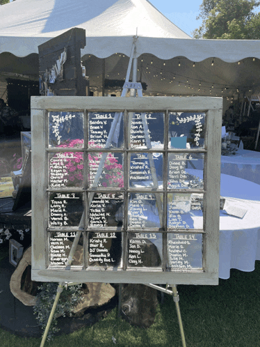 a seating chart is displayed in a window with tables 1 through 14 written on it