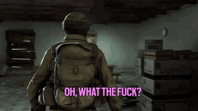a video game character says " oh what the fuck " while holding a gun