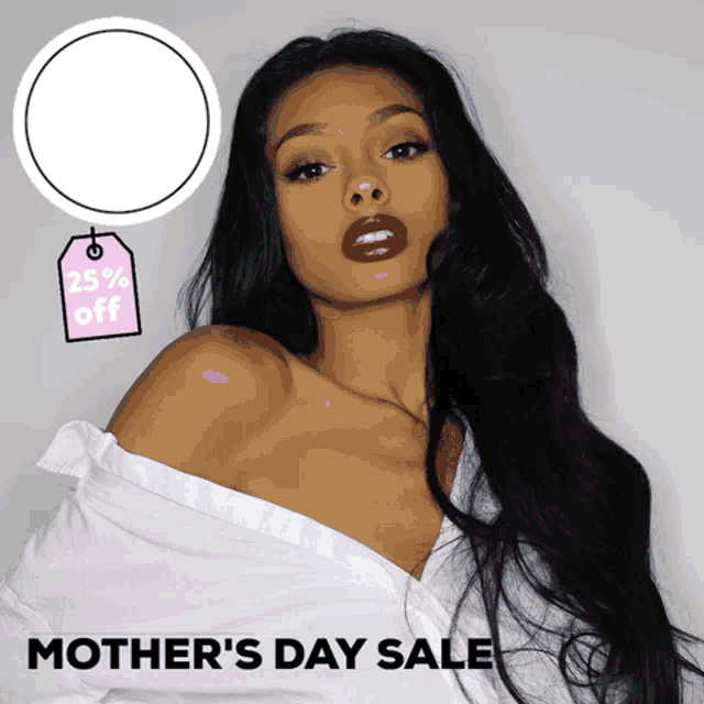 a woman in a white shirt with a tag that says 25 % off
