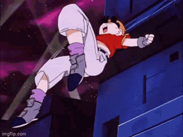 a cartoon character is falling down a staircase in a building .