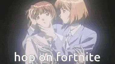 a couple of anime girls are standing next to each other with the words hop on fortnite written on the bottom