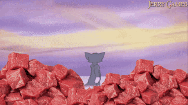 jerry cames shows a cat standing in a pile of red meat