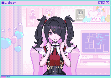 a pixel art drawing of a girl with pigtails and the words webcam