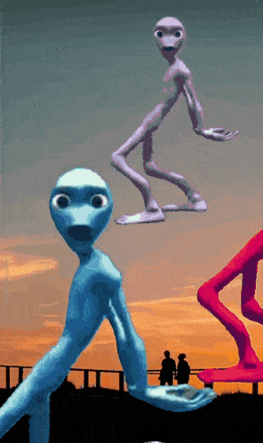 a group of animated aliens are standing in front of a bridge