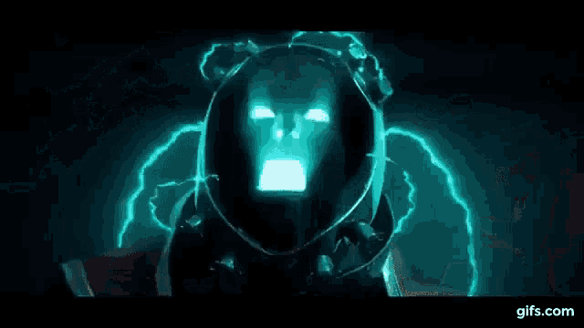 a close up of a person wearing a helmet in a dark room in a video game .
