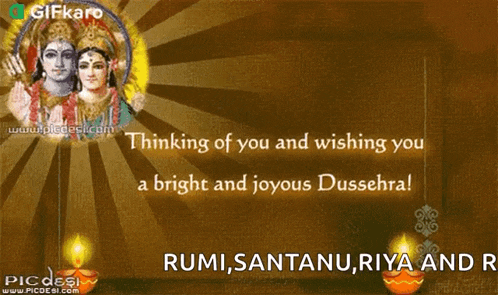 a greeting card that says ' thinking of you and wishing you a bright and joyous dussehra ! '
