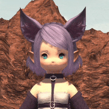 a girl with purple hair and blue eyes is standing in front of a mountain