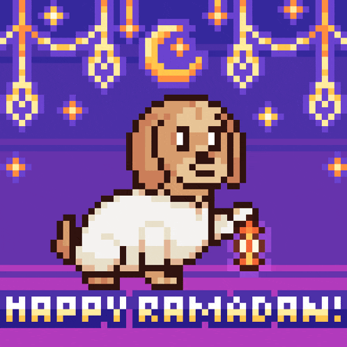 a pixel art illustration of a dog holding a donut with the words happy ramadan below it