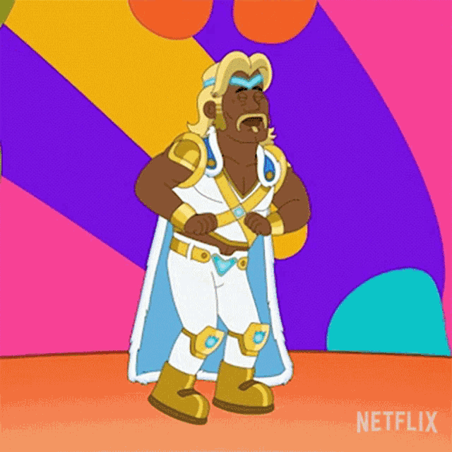 a cartoon character is standing in front of a colorful background wearing a white and gold outfit .