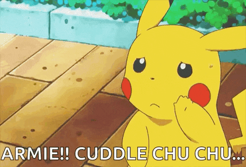 a cartoon pikachu is sitting on a wooden deck and saying " armie cuddle chu chu "
