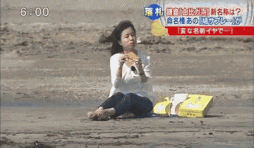 a woman is sitting on the beach with a seagull flying over her head