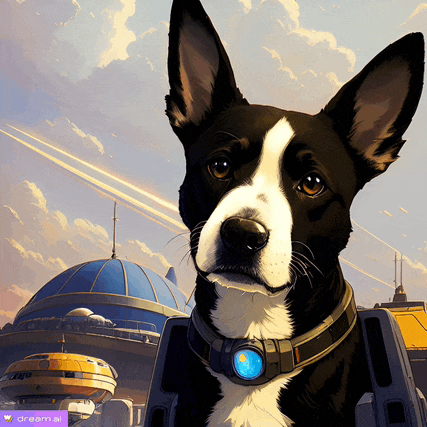 a painting of a black and white dog with a dream ai sign in the background
