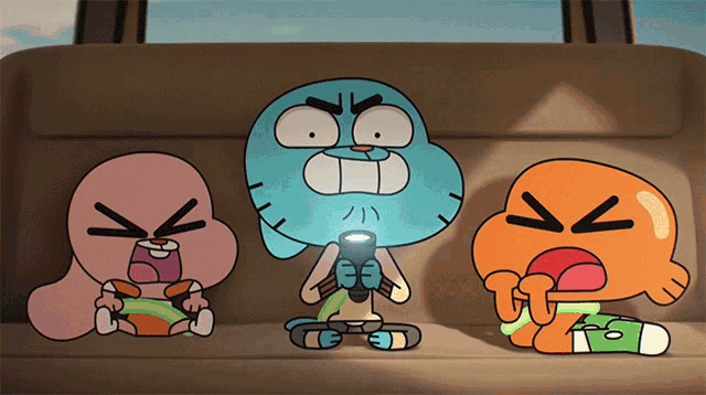 three cartoon characters are sitting in the back seat of a car