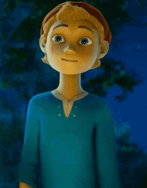 a cartoon boy with a surprised look on his face is wearing a blue shirt