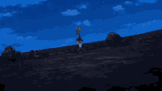 a person is flying through the air with a sword in their hand in a cartoon .