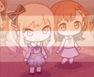 two anime girls are standing next to each other in front of a flag .