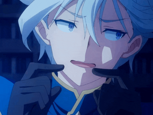 a person with white hair and blue eyes making a face