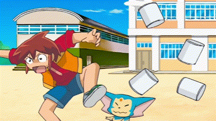 a cartoon of a boy and a cat playing with trash cans in front of a building .