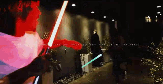 a person holding a light saber with the words " you are the count of fools to get off of my property " on the bottom