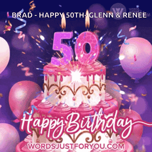 a happy 50th birthday greeting card with a cake and balloons
