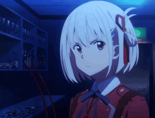 a girl with white hair and red eyes stands in front of a shelf with bottles on it