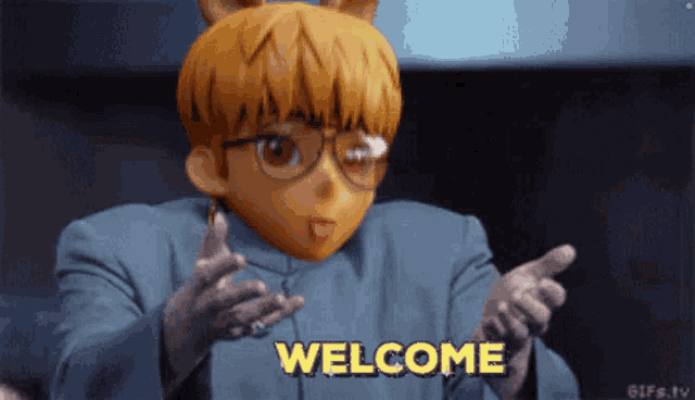 a cartoon character with glasses and a cat mask says welcome