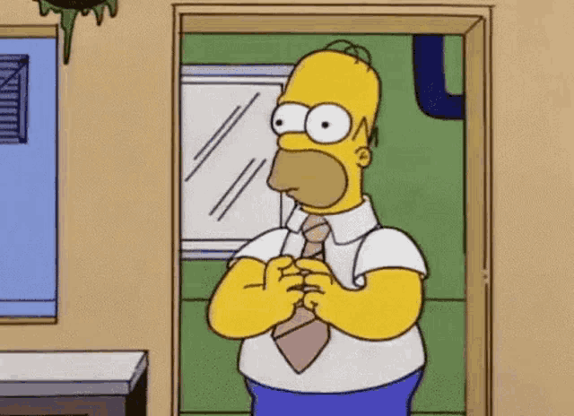 homer simpson from the simpsons is adjusting his tie in a doorway .