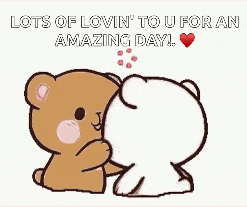 a brown and white teddy bear hugging each other with hearts surrounding them .