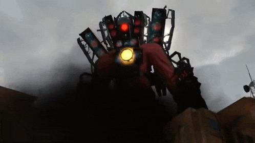 a robot with a yellow light on its head is standing in the dark