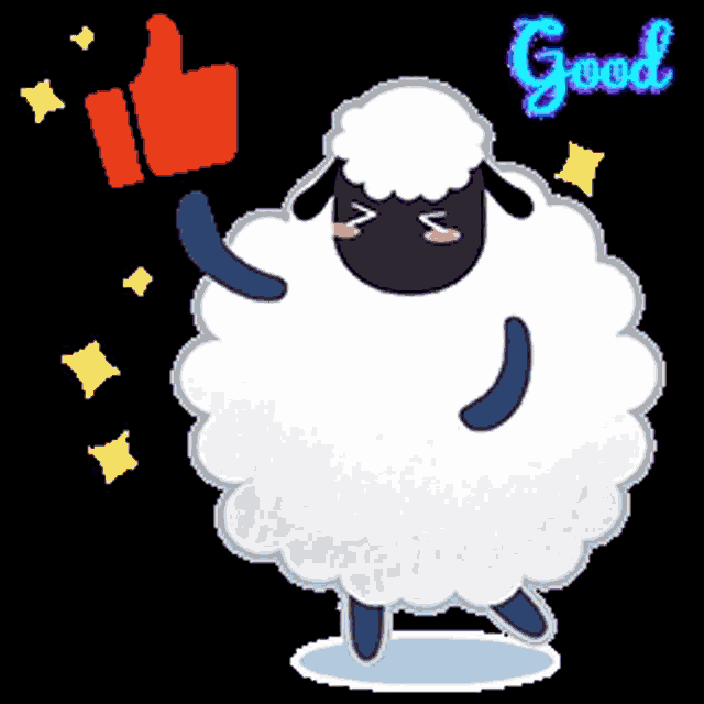 a cartoon sheep is giving a thumbs up and the word good is below it