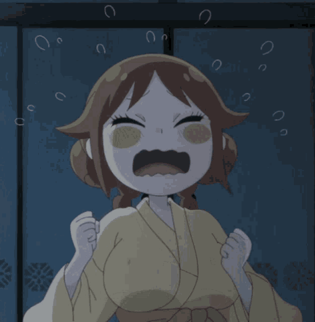 a cartoon of a girl with a white face and brown hair