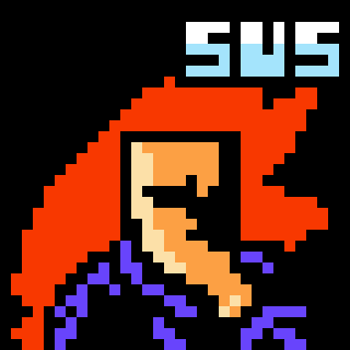 a pixel art drawing of a person with red hair and the word sus