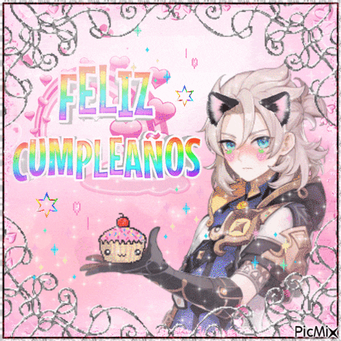 a greeting card that says feliz cumpleanos with a cartoon character holding a cupcake