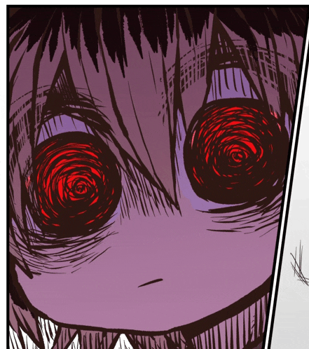 a drawing of a person with red eyes and a purple background