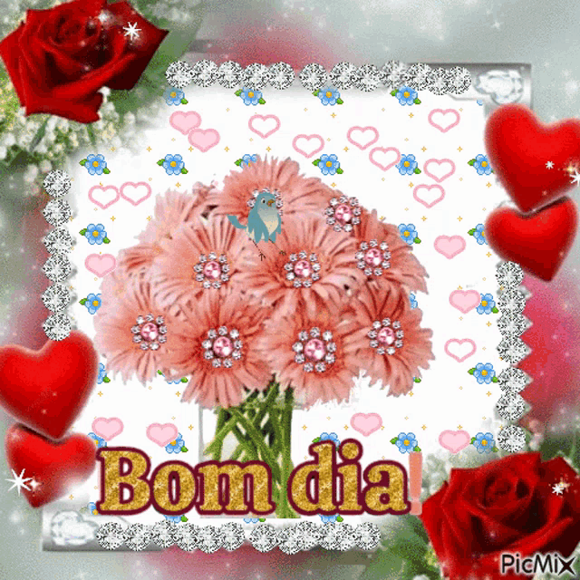 a bouquet of pink flowers is surrounded by red roses and hearts and says bom dia