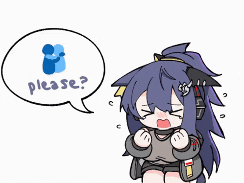 a cartoon drawing of a girl with a speech bubble that says please